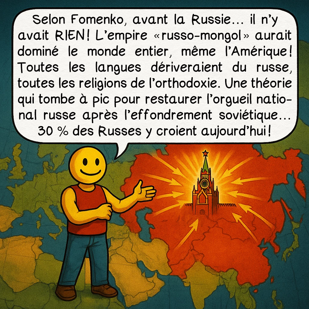 Le récentisme, case 6 : Selon Fomenko, avant la Russie… il n’y avait RIEN ! L’empire « russo-mongol » aurait dominé le monde entier, même l’Amérique ! Toutes les langues dériveraient du russe, toutes les religions de l’orthodoxie. Une théorie qui tombe à pic pour restaurer l’orgueil national russe après l’effondrement soviétique… 30 % des Russes y croient aujourd’hui !