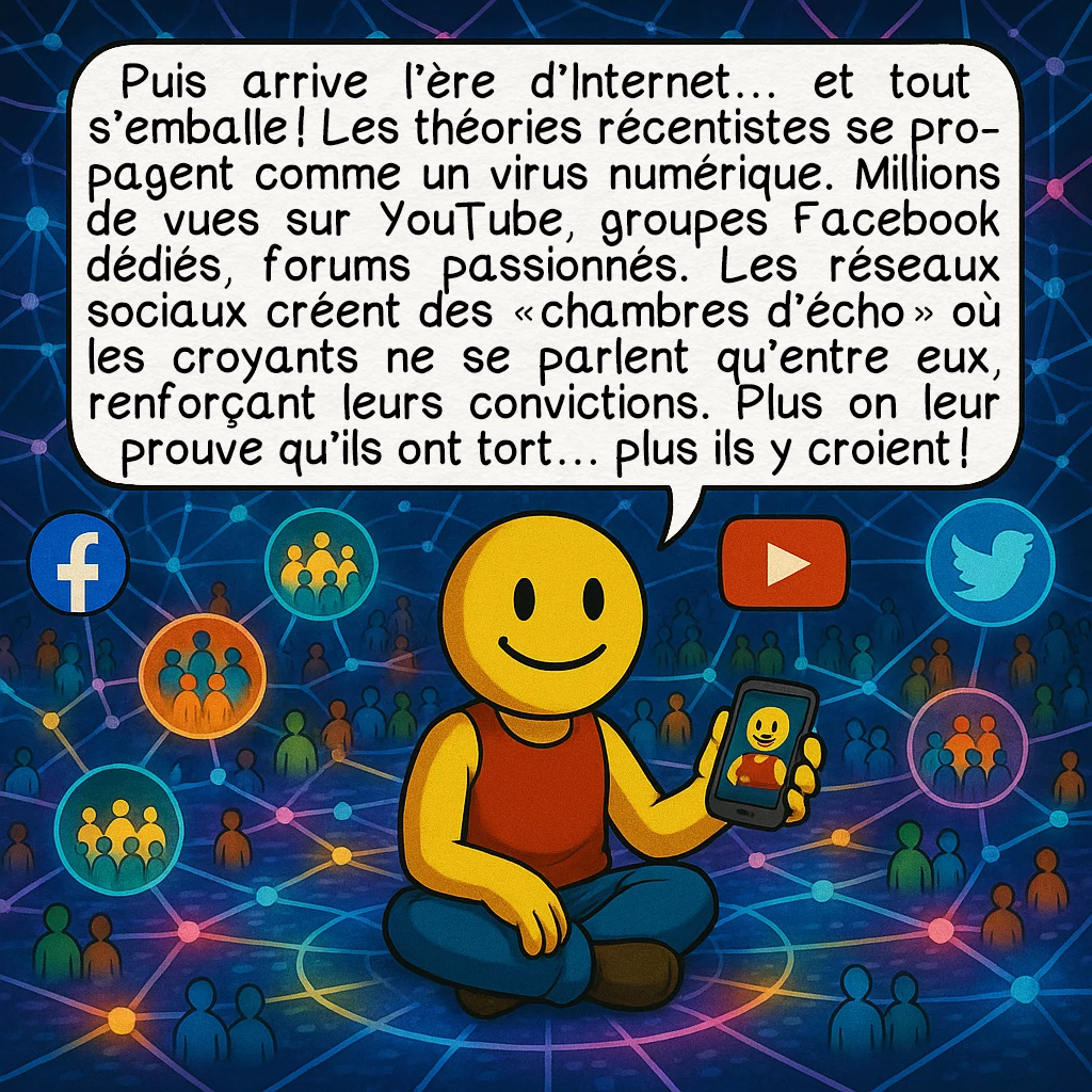 Le récentisme, case 7 : Puis arrive l’ère d’Internet… et tout s’emballe ! Les théories récentistes se propagent comme un virus numérique. Millions de vues sur YouTube, groupes Facebook dédiés, forums passionnés. Les réseaux sociaux créent des « chambres d’écho » où les croyants ne se parlent qu’entre eux, renforçant leurs convictions. Plus on leur prouve qu’ils ont tort… plus ils y croient !