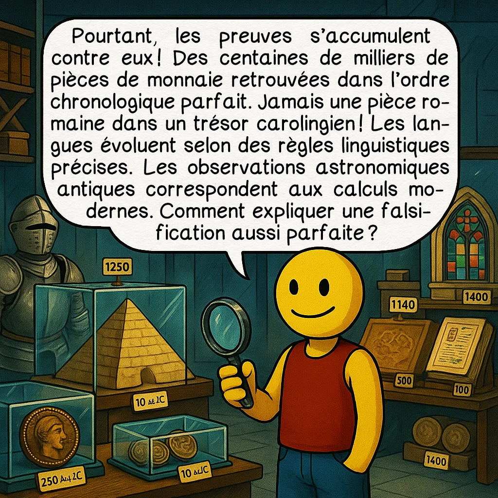 Le récentisme, case 8 : Pourtant, les preuves s’accumulent contre eux ! Des centaines de milliers de pièces de monnaie retrouvées dans l’ordre chronologique parfait. Jamais une pièce romaine dans un trésor carolingien ! Les langues évoluent selon des règles linguistiques précises. Les observations astronomiques antiques correspondent aux calculs modernes. Comment expliquer une falsification aussi parfaite ?