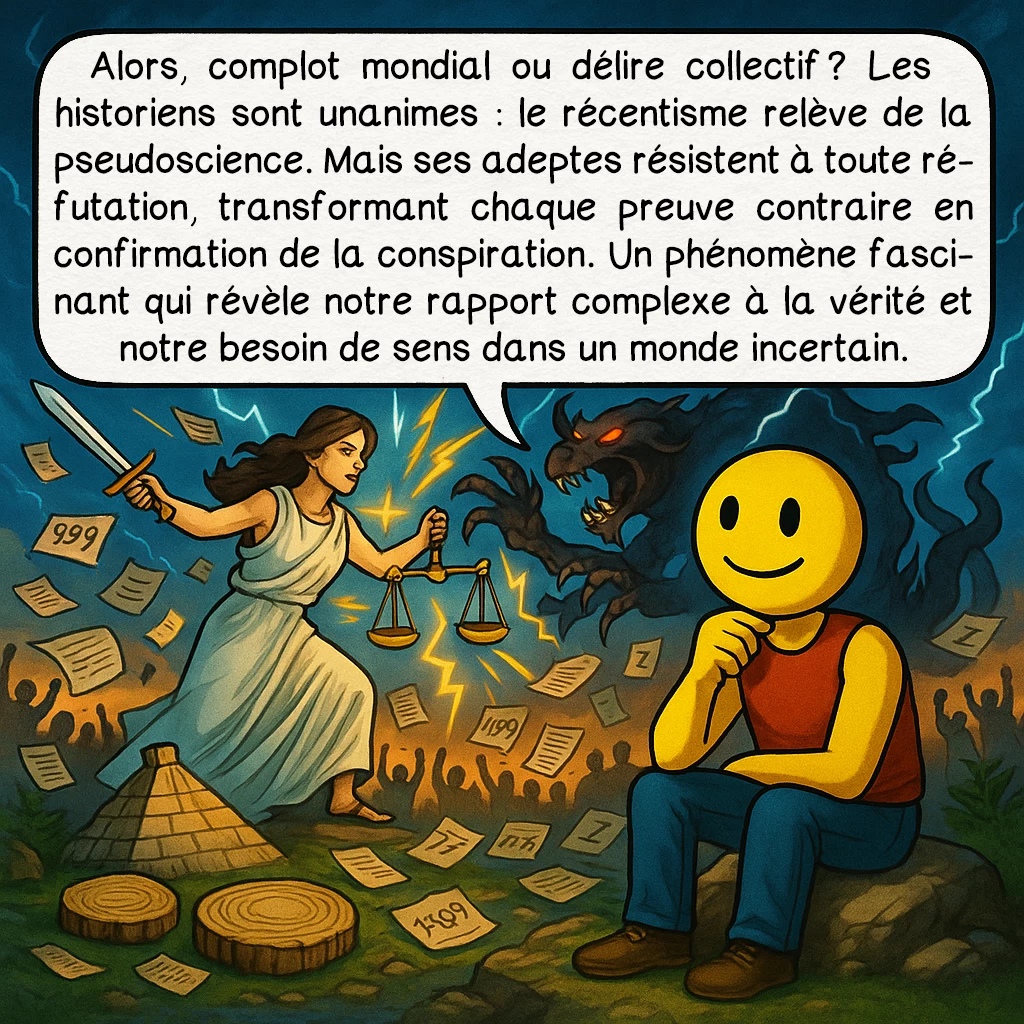 Le récentisme, case 9 : Alors, complot mondial ou délire collectif ? Les historiens sont unanimes : le récentisme relève de la pseudoscience. Mais ses adeptes résistent à toute réfutation, transformant chaque preuve contraire en confirmation de la conspiration. Un phénomène fascinant qui révèle notre rapport complexe à la vérité et notre besoin de sens dans un monde incertain.