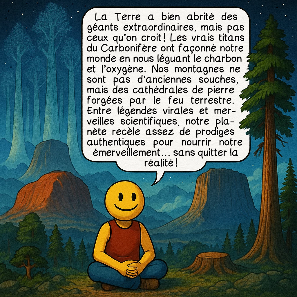 Les arbres géants, case 10 : La Terre a bien abrité des géants extraordinaires, mais pas ceux qu’on croit ! Les vrais titans du Carbonifère ont façonné notre monde en nous léguant le charbon et l’oxygène. Nos montagnes ne sont pas d’anciennes souches, mais des cathédrales de pierre forgées par le feu terrestre. Entre légendes virales et merveilles scientifiques, notre planète recèle assez de prodiges authentiques pour nourrir notre émerveillement… sans quitter la réalité !