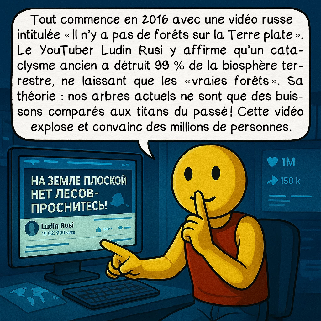 Les arbres géants, case 2 : Tout commence en 2016 avec une vidéo russe intitulée « Il n’y a pas de forêts sur la Terre plate ». Le YouTuber Ludin Rusi y affirme qu’un cataclysme ancien a détruit 99 % de la biosphère terrestre, ne laissant que les « vraies forêts ». Sa théorie : nos arbres actuels ne sont que des buissons comparés aux titans du passé ! Cette vidéo explose et convainc des millions de personnes.