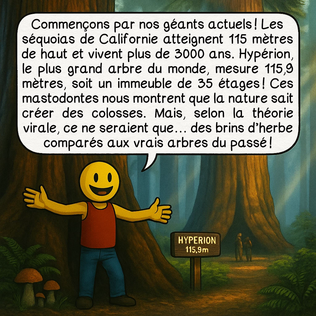 Les arbres géants, case 3 : Commençons par nos géants actuels ! Les séquoias de Californie atteignent 115 mètres de haut et vivent plus de 3000 ans. Hypérion, le plus grand arbre du monde, mesure 115,9 mètres, soit un immeuble de 35 étages ! Ces mastodontes nous montrent que la nature sait créer des colosses. Mais, selon la théorie virale, ce ne seraient que… des brins d’herbe comparés aux vrais arbres du passé !