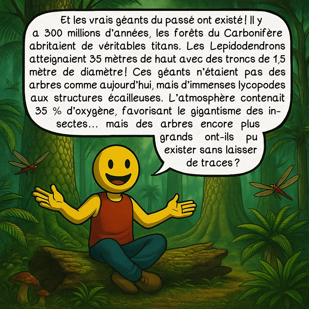 Les arbres géants, case 4 : Et les vrais géants du passé ont existé ! Il y a 300 millions d’années, les forêts du Carbonifère abritaient de véritables titans. Les Lepidodendrons atteignaient 35 mètres de haut avec des troncs de 1,5 mètre de diamètre ! Ces géants n’étaient pas des arbres comme aujourd’hui, mais d’immenses lycopodes aux structures écailleuses. L’atmosphère contenait 35 % d’oxygène, favorisant le gigantisme des insectes… mais des arbres encore plus grands ont-ils pu exister sans laisser de traces ?