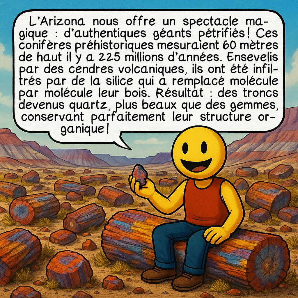 Les arbres géants, case 5 : L’Arizona nous offre un spectacle magique : d’authentiques géants pétrifiés ! Ces conifères préhistoriques mesuraient 60 mètres de haut il y a 225 millions d’années. Ensevelis par des cendres volcaniques, ils ont été infiltrés par de la silice qui a remplacé molécule par molécule leur bois. Résultat : des troncs devenus quartz, plus beaux que des gemmes, conservant parfaitement leur structure organique !