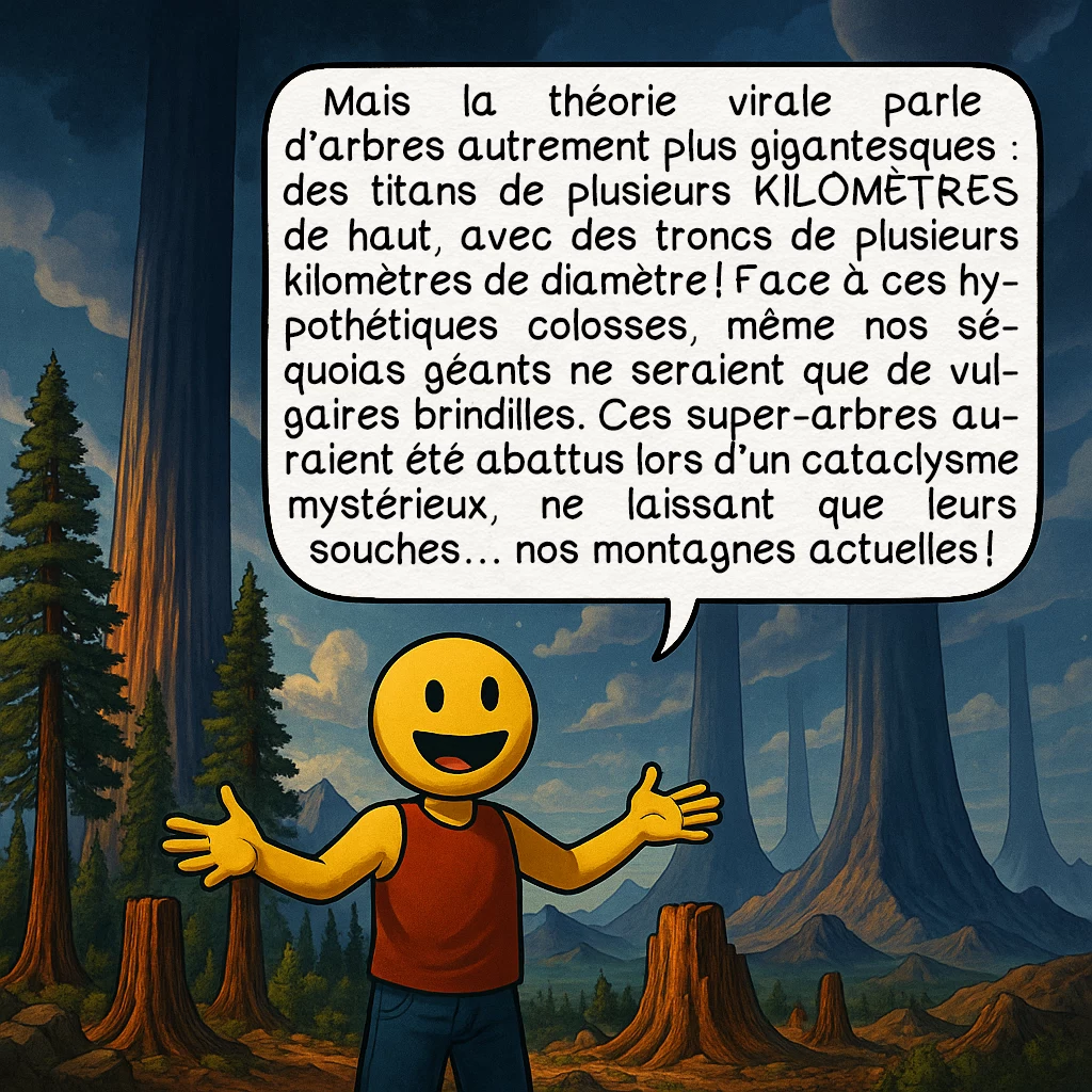 Les arbres géants, case 6 : Mais la théorie virale parle d’arbres autrement plus gigantesques : des titans de plusieurs KILOMÈTRES de haut, avec des troncs de plusieurs kilomètres de diamètre ! Face à ces hypothétiques colosses, même nos séquoias géants ne seraient que de vulgaires brindilles. Ces super-arbres auraient été abattus lors d’un cataclysme mystérieux, ne laissant que leurs souches… nos montagnes actuelles !