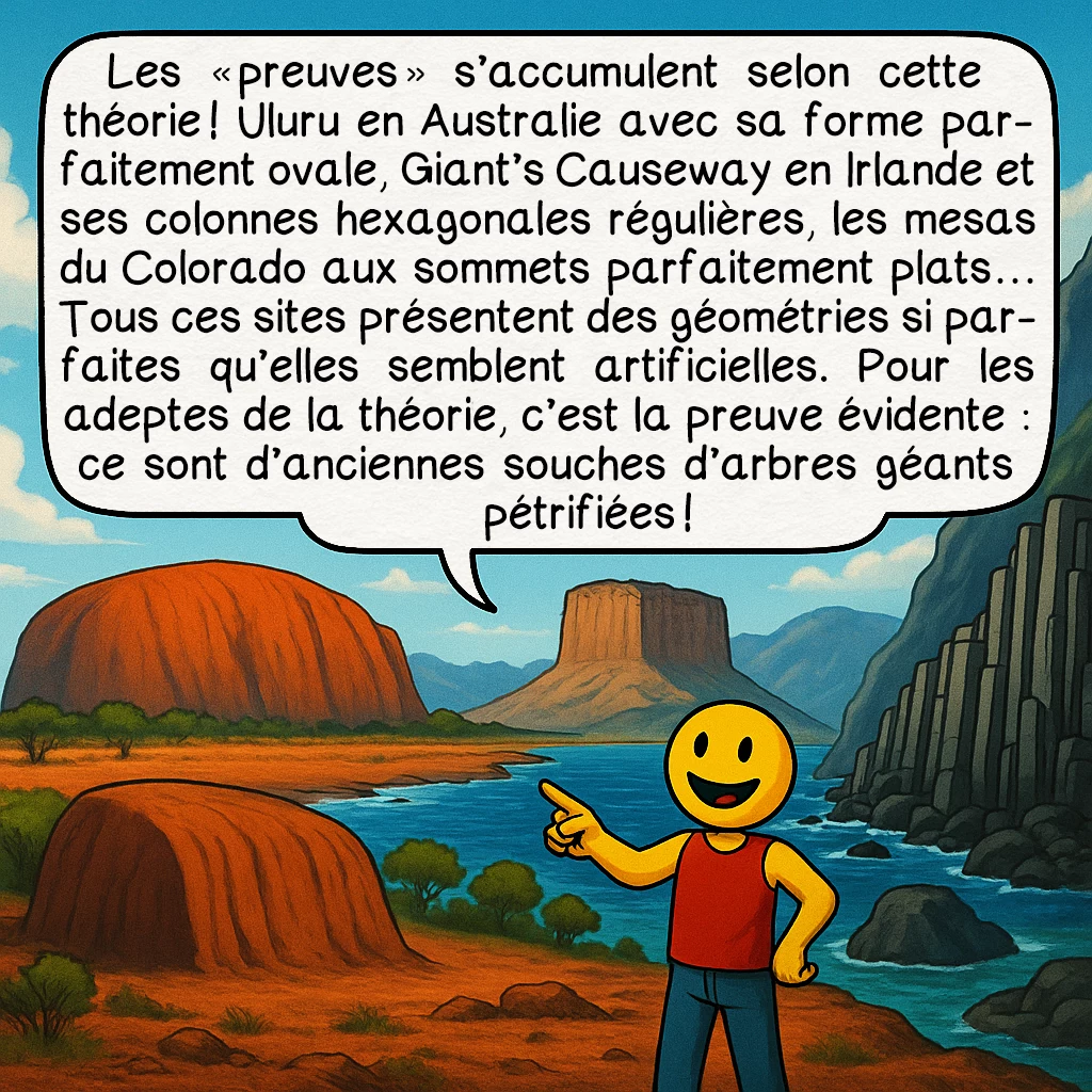 Les arbres géants, case 7 : Les « preuves » s’accumulent selon cette théorie ! Uluru en Australie avec sa forme parfaitement ovale, Giant’s Causeway en Irlande et ses colonnes hexagonales régulières, les mesas du Colorado aux sommets parfaitement plats… Tous ces sites présentent des géométries si parfaites qu’elles semblent artificielles. Pour les adeptes de la théorie, c’est la preuve évidente : ce sont d’anciennes souches d’arbres géants pétrifiées !