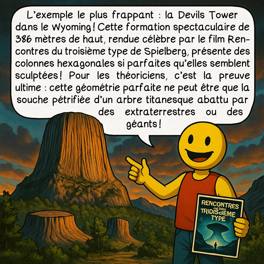 Les arbres géants, case 8 : L’exemple le plus frappant : la Devils Tower dans le Wyoming ! Cette formation spectaculaire de 386 mètres de haut, rendue célèbre par le film Rencontres du troisième type de Spielberg, présente des colonnes hexagonales si parfaites qu’elles semblent sculptées ! Pour les théoriciens, c’est la preuve ultime : cette géométrie parfaite ne peut être que la souche pétrifiée d’un arbre titanesque abattu par des extraterrestres ou des géants !