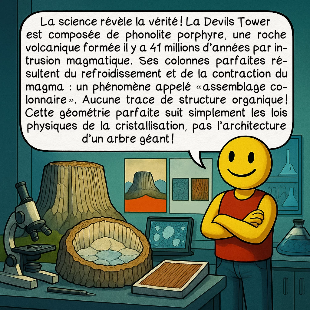 Les arbres géants, case 9 : La science révèle la vérité ! La Devils Tower est composée de phonolite porphyre, une roche volcanique formée il y a 41 millions d’années par intrusion magmatique. Ses colonnes parfaites résultent du refroidissement et de la contraction du magma : un phénomène appelé « assemblage colonnaire ». Aucune trace de structure organique ! Cette géométrie parfaite suit simplement les lois physiques de la cristallisation, pas l’architecture d’un arbre géant !