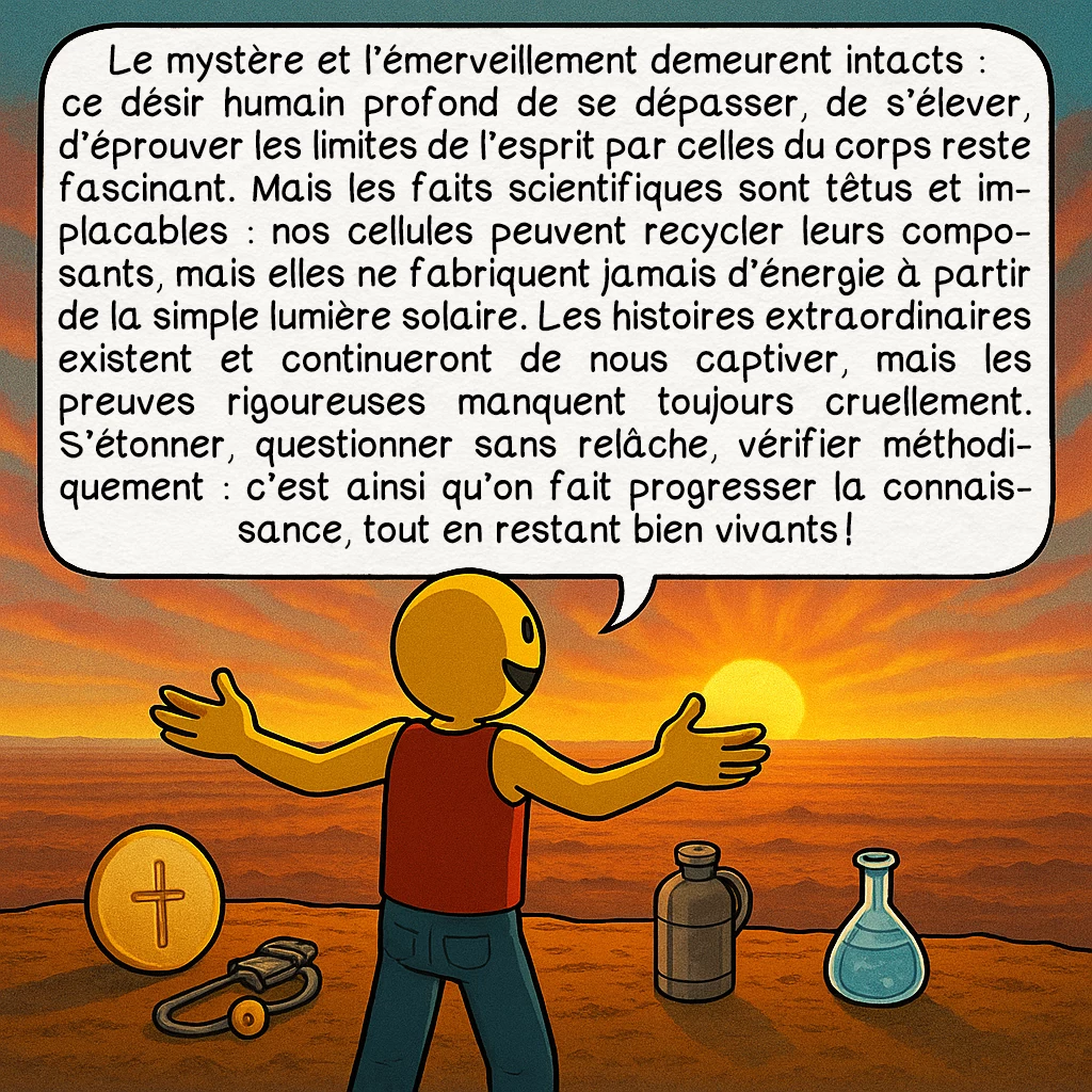 L’inédie, case 10 : Le mystère et l’émerveillement demeurent intacts : ce désir humain profond de se dépasser, de s’élever, d’éprouver les limites de l’esprit par celles du corps reste fascinant. Mais les faits scientifiques sont têtus et implacables : nos cellules peuvent recycler leurs composants, mais elles ne fabriquent jamais d’énergie à partir de la simple lumière solaire. Les histoires extraordinaires existent et continueront de nous captiver, mais les preuves rigoureuses manquent toujours cruellement. S’étonner, questionner sans relâche, vérifier méthodiquement : c’est ainsi qu’on fait progresser la connaissance, tout en restant bien vivants !