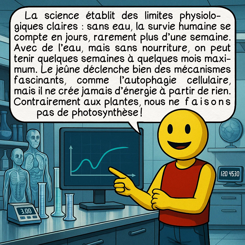 L’inédie, case 2 : La science établit des limites physiologiques claires : sans eau, la survie humaine se compte en jours, rarement plus d’une semaine. Avec de l’eau, mais sans nourriture, on peut tenir quelques semaines à quelques mois maximum. Le jeûne déclenche bien des mécanismes fascinants, comme l’autophagie cellulaire, mais il ne crée jamais d’énergie à partir de rien. Contrairement aux plantes, nous ne faisons pas de photosynthèse !