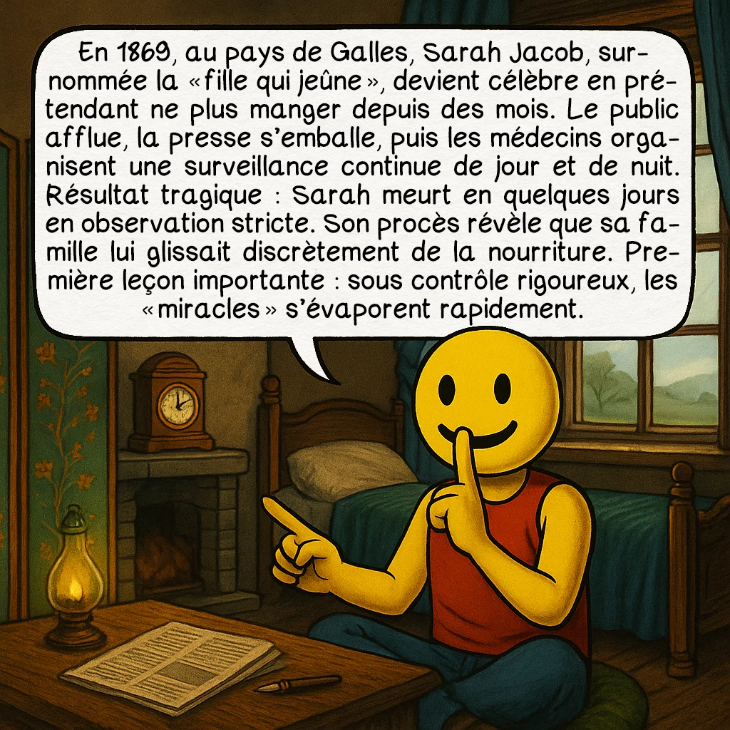 L’inédie, case 3 : En 1869, au pays de Galles, Sarah Jacob, surnommée la « fille qui jeûne », devient célèbre en prétendant ne plus manger depuis des mois. Le public afflue, la presse s’emballe, puis les médecins organisent une surveillance continue de jour et de nuit. Résultat tragique : Sarah meurt en quelques jours en observation stricte. Son procès révèle que sa famille lui glissait discrètement de la nourriture. Première leçon importante : sous contrôle rigoureux, les « miracles » s’évaporent rapidement.