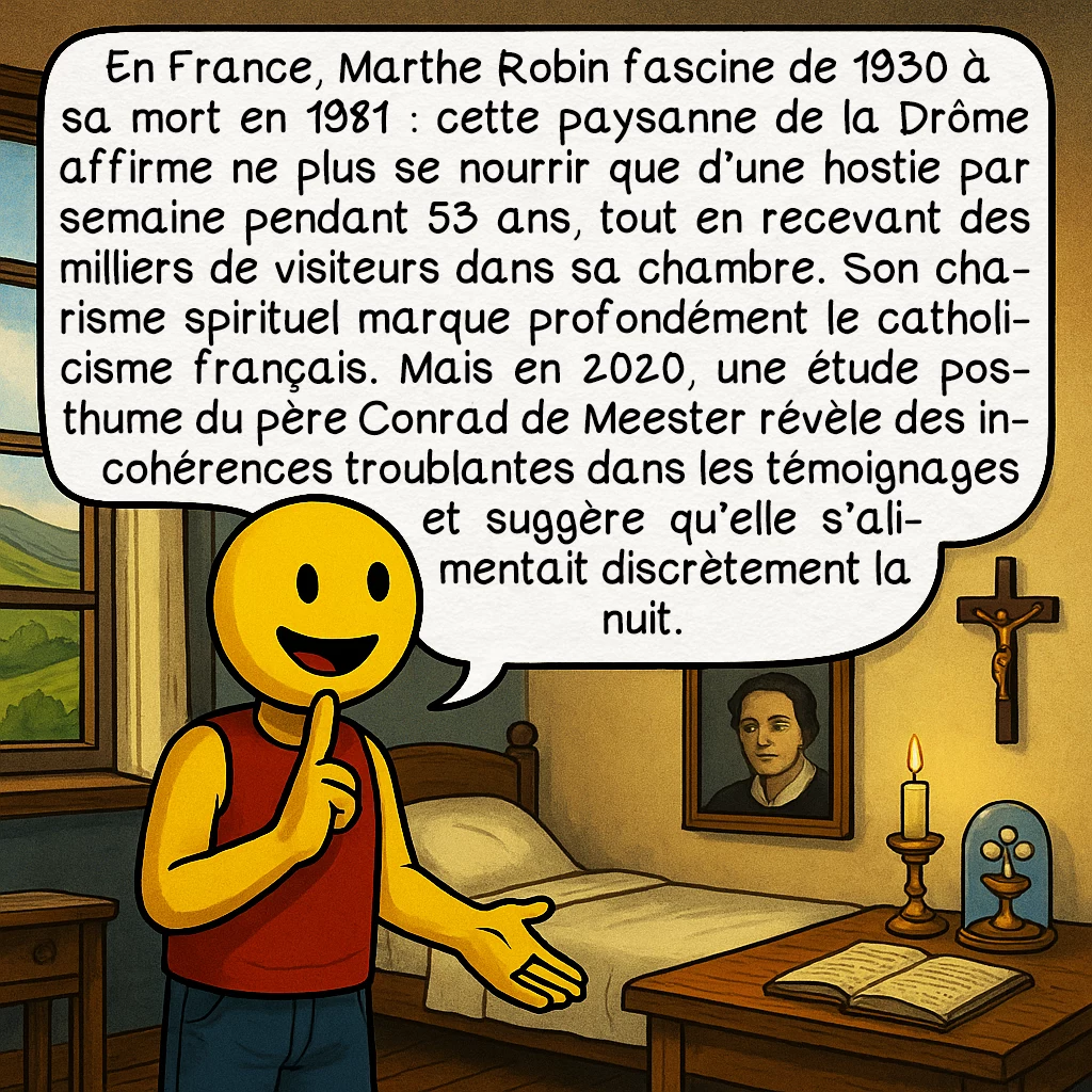 L’inédie, case 4 : En France, Marthe Robin fascine de 1930 à sa mort en 1981 : cette paysanne de la Drôme affirme ne plus se nourrir que d’une hostie par semaine pendant 53 ans, tout en recevant des milliers de visiteurs dans sa chambre. Son charisme spirituel marque profondément le catholicisme français. Mais en 2020, une étude posthume du père Conrad de Meester révèle des incohérences troublantes dans les témoignages et suggère qu’elle s’alimentait discrètement la nuit.