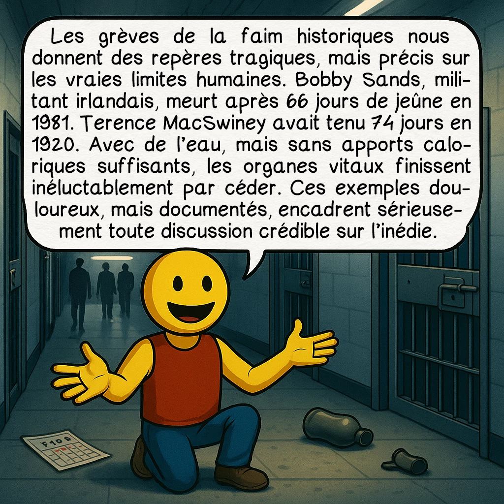 L’inédie, case 5 : Les grèves de la faim historiques nous donnent des repères tragiques, mais précis sur les vraies limites humaines. Bobby Sands, militant irlandais, meurt après 66 jours de jeûne en 1981. Terence MacSwiney avait tenu 74 jours en 1920. Avec de l’eau, mais sans apports caloriques suffisants, les organes vitaux finissent inéluctablement par céder. Ces exemples douloureux, mais documentés, encadrent sérieusement toute discussion crédible sur l’inédie.