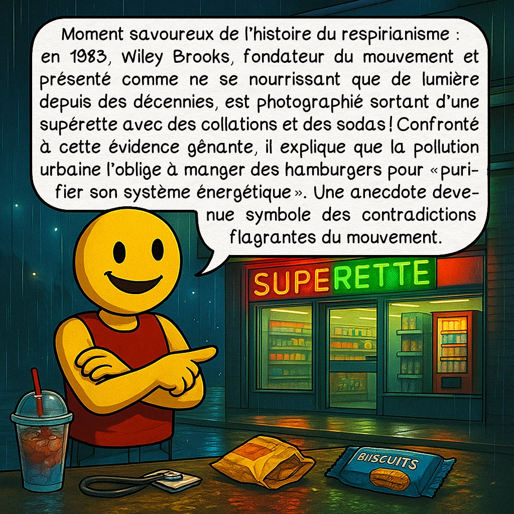 L’inédie, case 7 : Moment savoureux de l’histoire du respirianisme : en 1983, Wiley Brooks, fondateur du mouvement et présenté comme ne se nourrissant que de lumière depuis des décennies, est photographié sortant d’une supérette avec des collations et des sodas ! Confronté à cette évidence gênante, il explique que la pollution urbaine l’oblige à manger des hamburgers pour « purifier son système énergétique ». Une anecdote devenue symbole des contradictions flagrantes du mouvement.