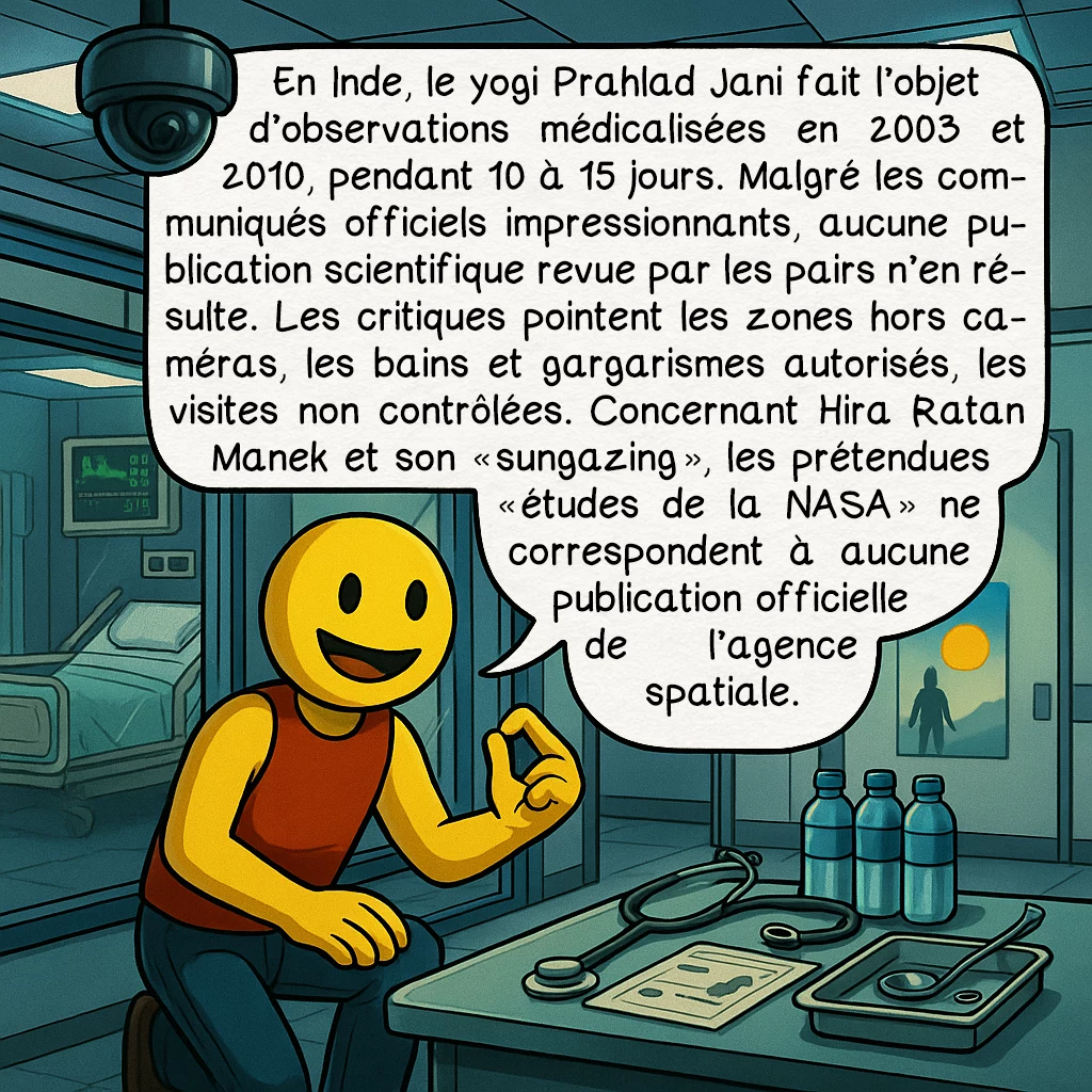 L’inédie, case 8 : En Inde, le yogi Prahlad Jani fait l’objet d’observations médicalisées en 2003 et 2010, pendant 10 à 15 jours. Malgré les communiqués officiels impressionnants, aucune publication scientifique revue par les pairs n’en résulte. Les critiques pointent les zones hors caméras, les bains et gargarismes autorisés, les visites non contrôlées. Concernant Hira Ratan Manek et son « sungazing », les prétendues « études de la NASA » ne correspondent à aucune publication officielle de l’agence spatiale.