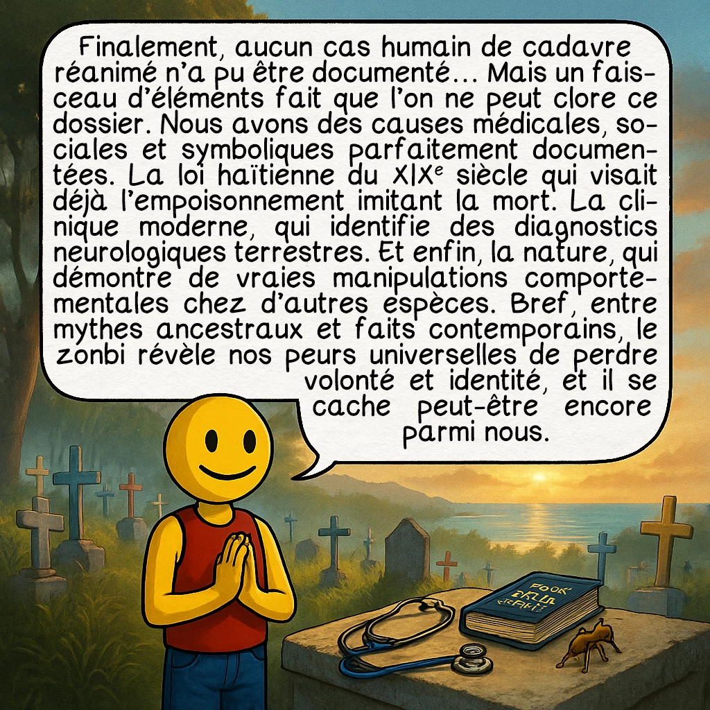 Les zombies, case 10 : Finalement, aucun cas humain de cadavre réanimé n’a pu être documenté… Mais un faisceau d’éléments fait que l’on ne peut clore ce dossier. Nous avons des causes médicales, sociales et symboliques parfaitement documentées. La loi haïtienne du XIXe siècle qui visait déjà l’empoisonnement imitant la mort. La clinique moderne, qui identifie des diagnostics neurologiques terrestres. Et enfin, la nature, qui démontre de vraies manipulations comportementales chez d’autres espèces. Bref, entre mythes ancestraux et faits contemporains, le zonbi révèle nos peurs universelles de perdre volonté et identité, et il se cache peut-être encore parmi nous.