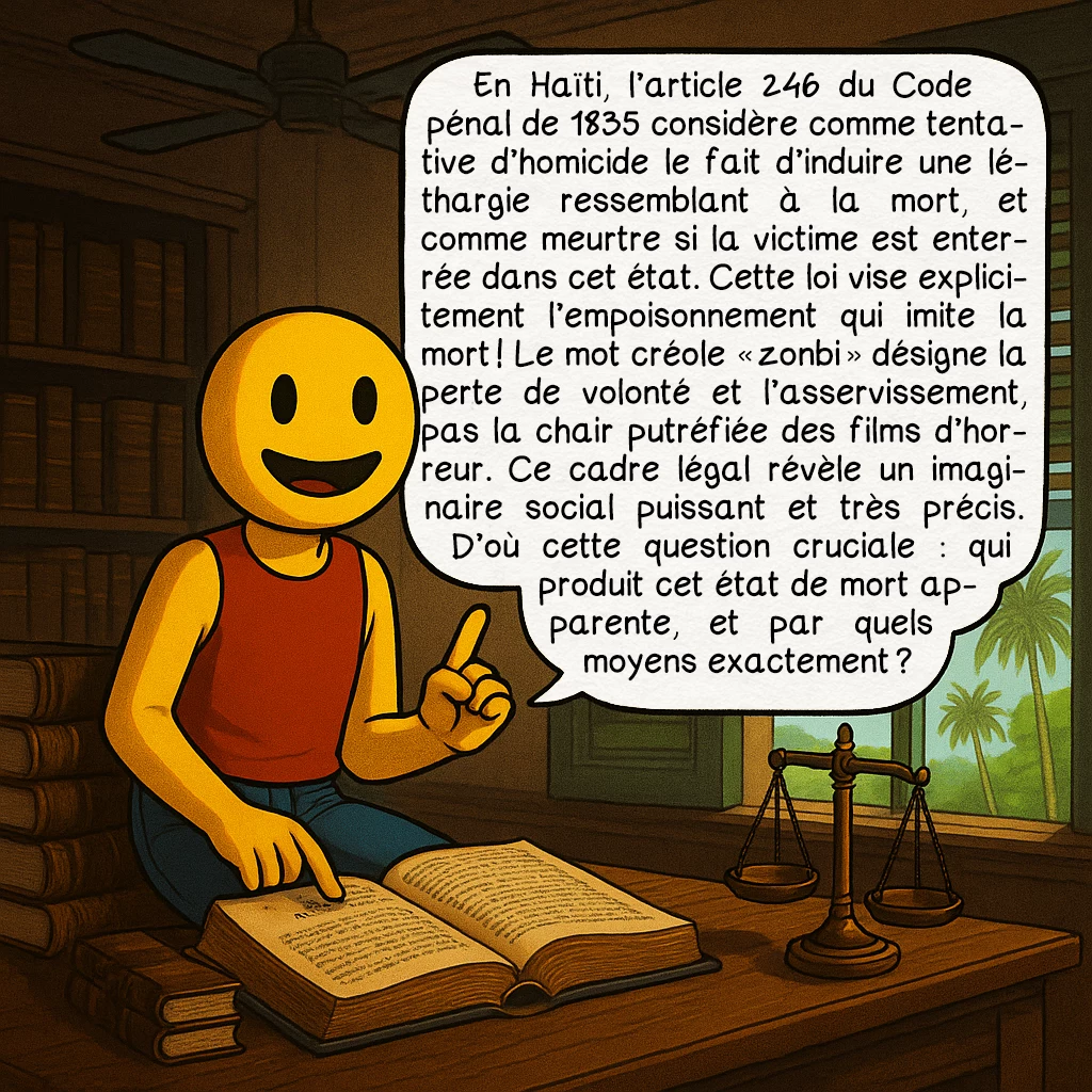 Les zombies, case 2 : En Haïti, l’article 246 du Code pénal de 1835 considère comme tentative d’homicide le fait d’induire une léthargie ressemblant à la mort, et comme meurtre si la victime est enterrée dans cet état. Cette loi vise explicitement l’empoisonnement qui imite la mort ! Le mot créole « zonbi » désigne la perte de volonté et l’asservissement, pas la chair putréfiée des films d’horreur. Ce cadre légal révèle un imaginaire social puissant et très précis. D’où cette question cruciale : qui produit cet état de mort apparente, et par quels moyens exactement ?