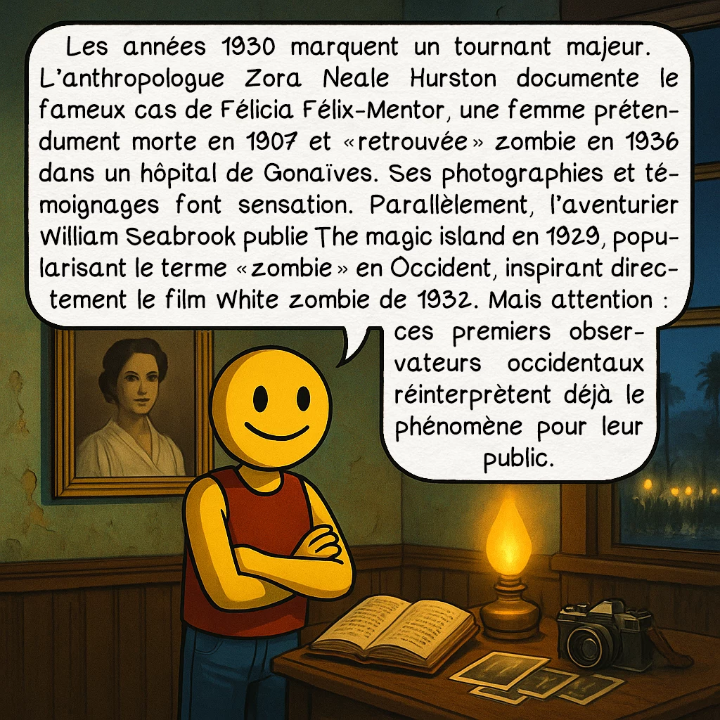 Les zombies, case 3 : Les années 1930 marquent un tournant majeur. L’anthropologue Zora Neale Hurston documente le fameux cas de Félicia Félix-Mentor, une femme prétendument morte en 1907 et « retrouvée » zombie en 1936 dans un hôpital de Gonaïves. Ses photographies et témoignages font sensation. Parallèlement, l’aventurier William Seabrook publie The magic island en 1929, popularisant le terme « zombie » en Occident, inspirant directement le film White zombie de 1932. Mais attention : ces premiers observateurs occidentaux réinterprètent déjà le phénomène pour leur public.