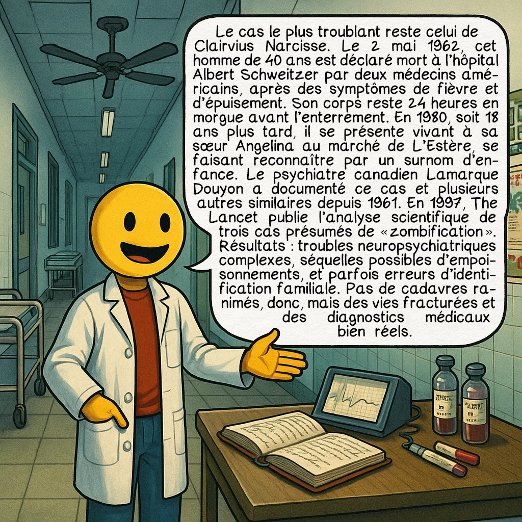 Les zombies, case 4 : Le cas le plus troublant reste celui de Clairvius Narcisse. Le 2 mai 1962, cet homme de 40 ans est déclaré mort à l’hôpital Albert Schweitzer par deux médecins américains, après des symptômes de fièvre et d’épuisement. Son corps reste 24 heures en morgue avant l’enterrement. En 1980, soit 18 ans plus tard, il se présente vivant à sa sœur Angelina au marché de L’Estère, se faisant reconnaître par un surnom d’enfance. Le psychiatre canadien Lamarque Douyon a documenté ce cas et plusieurs autres similaires depuis 1961. En 1997, The Lancet publie l’analyse scientifique de trois cas présumés de « zombification ». Résultats : troubles neuropsychiatriques complexes, séquelles possibles d’empoisonnements, et parfois erreurs d’identification familiale. Pas de cadavres ranimés, donc, mais des vies fracturées et des diagnostics médicaux bien réels.