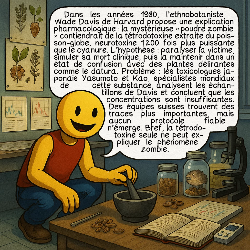 Les zombies, case 5 : Dans les années 1980, l’ethnobotaniste Wade Davis de Harvard propose une explication pharmacologique : la mystérieuse « poudre zombie » contiendrait de la tétrodotoxine extraite du poisson-globe, neurotoxine 1 200 fois plus puissante que le cyanure. L’hypothèse : paralyser la victime, simuler sa mort clinique, puis la maintenir dans un état de confusion avec des plantes délirantes comme le datura. Problème : les toxicologues japonais Yasumoto et Kao, spécialistes mondiaux de cette substance, analysent les échantillons de Davis et concluent que les concentrations sont insuffisantes. Des équipes suisses trouvent des traces plus importantes, mais aucun protocole fiable n’émerge. Bref, la tétrodotoxine seule ne peut expliquer le phénomène zombie.