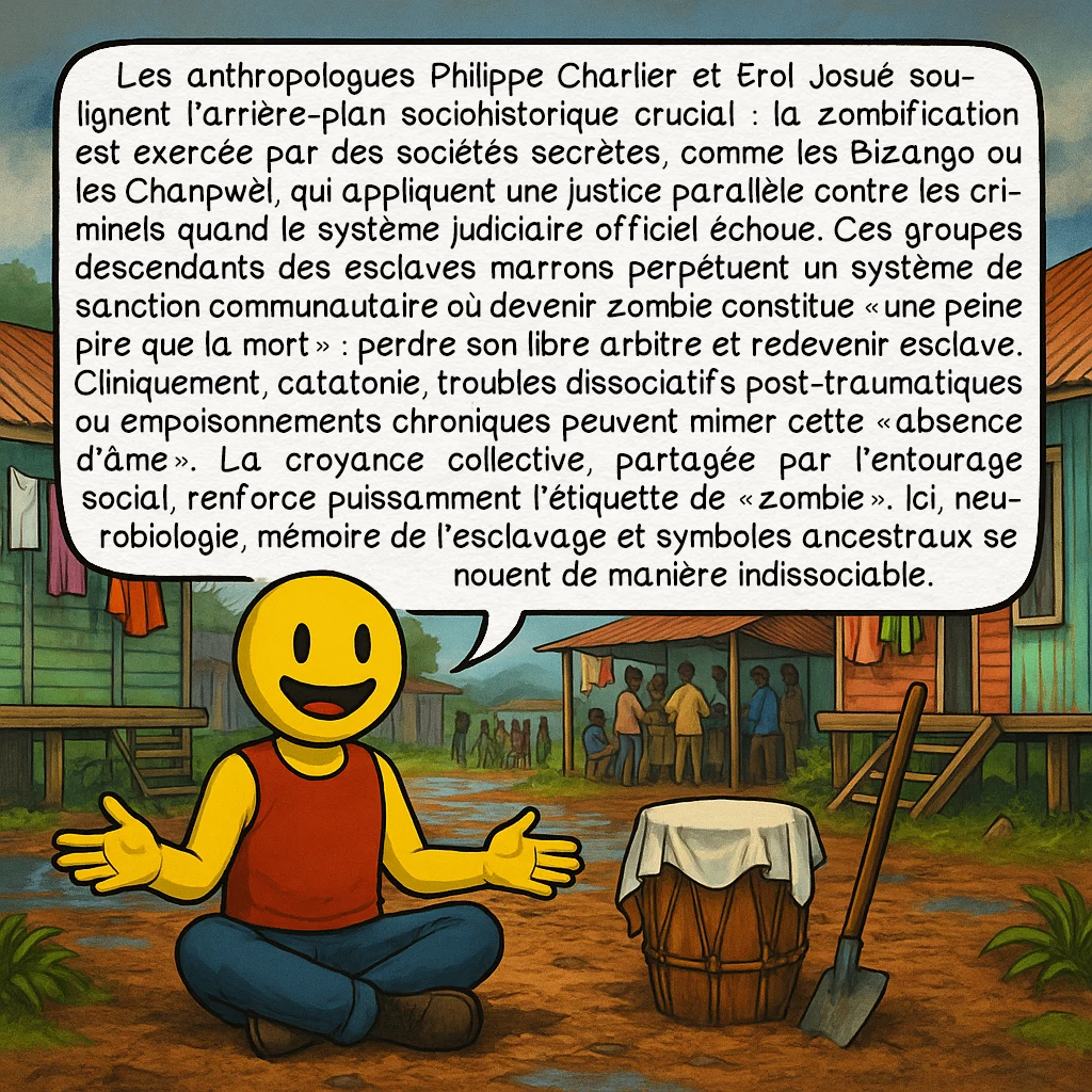 Les zombies, case 6 : Les anthropologues Philippe Charlier et Erol Josué soulignent l’arrière-plan sociohistorique crucial : la zombification est exercée par des sociétés secrètes, comme les Bizango ou les Chanpwèl, qui appliquent une justice parallèle contre les criminels quand le système judiciaire officiel échoue. Ces groupes descendants des esclaves marrons perpétuent un système de sanction communautaire où devenir zombie constitue « une peine pire que la mort » : perdre son libre arbitre et redevenir esclave. Cliniquement, catatonie, troubles dissociatifs post-traumatiques ou empoisonnements chroniques peuvent mimer cette « absence d’âme ». La croyance collective, partagée par l’entourage social, renforce puissamment l’étiquette de « zombie ». Ici, neurobiologie, mémoire de l’esclavage et symboles ancestraux se nouent de manière indissociable.