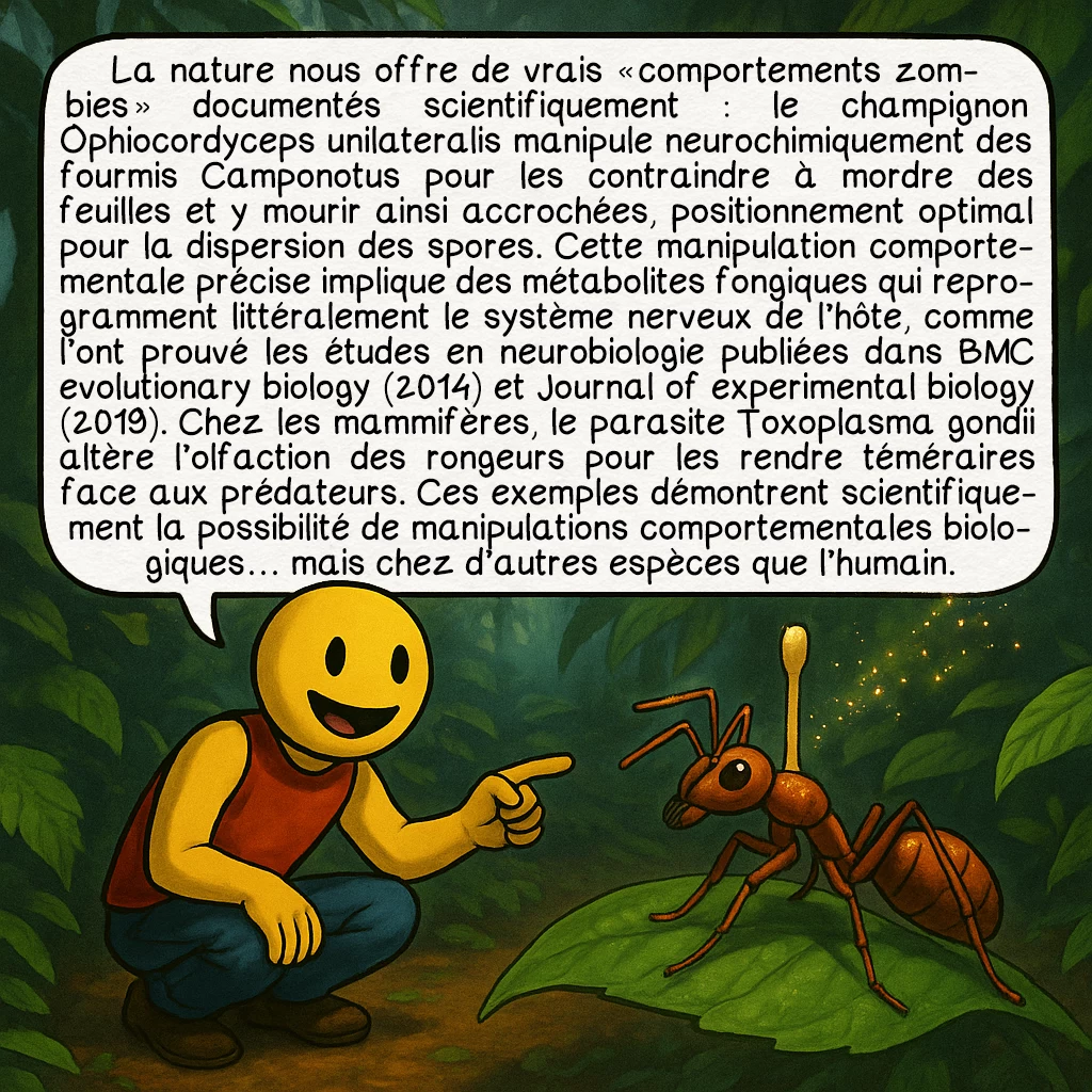 Les zombies, case 7 : La nature nous offre de vrais « comportements zombies » documentés scientifiquement : le champignon Ophiocordyceps unilateralis manipule neurochimiquement des fourmis Camponotus pour les contraindre à mordre des feuilles et y mourir ainsi accrochées, positionnement optimal pour la dispersion des spores. Cette manipulation comportementale précise implique des métabolites fongiques qui reprogramment littéralement le système nerveux de l’hôte, comme l’ont prouvé les études en neurobiologie publiées dans BMC evolutionary biology (2014) et Journal of experimental biology (2019). Chez les mammifères, le parasite Toxoplasma gondii altère l’olfaction des rongeurs pour les rendre téméraires face aux prédateurs. Ces exemples démontrent scientifiquement la possibilité de manipulations comportementales biologiques… mais chez d’autres espèces que l’humain.