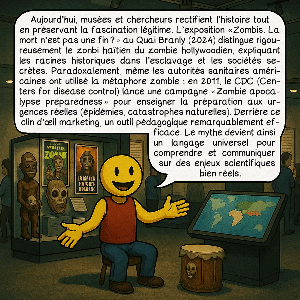 Les zombies, case 8 : Aujourd’hui, musées et chercheurs rectifient l’histoire tout en préservant la fascination légitime. L’exposition « Zombis. La mort n’est pas une fin ? » au Quai Branly (2024) distingue rigoureusement le zonbi haïtien du zombie hollywoodien, expliquant les racines historiques dans l’esclavage et les sociétés secrètes. Paradoxalement, même les autorités sanitaires américaines ont utilisé la métaphore zombie : en 2011, le CDC (Centers for disease control) lance une campagne « Zombie apocalypse preparedness » pour enseigner la préparation aux urgences réelles (épidémies, catastrophes naturelles). Derrière ce clin d’œil marketing, un outil pédagogique remarquablement efficace. Le mythe devient ainsi un langage universel pour comprendre et communiquer sur des enjeux scientifiques bien réels.