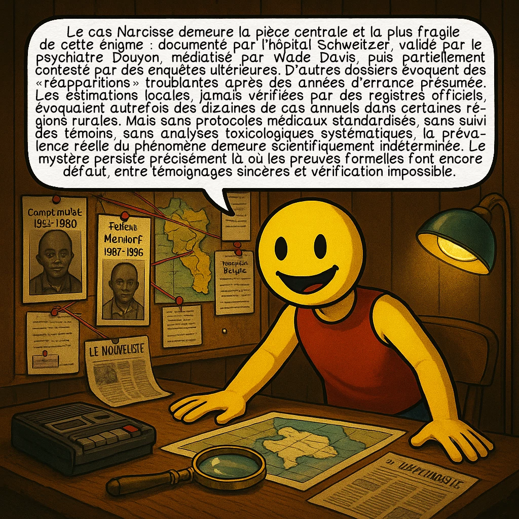 Les zombies, case 9 : Le cas Narcisse demeure la pièce centrale et la plus fragile de cette énigme : documenté par l’hôpital Schweitzer, validé par le psychiatre Douyon, médiatisé par Wade Davis, puis partiellement contesté par des enquêtes ultérieures. D’autres dossiers évoquent des « réapparitions » troublantes après des années d’errance présumée. Les estimations locales, jamais vérifiées par des registres officiels, évoquaient autrefois des dizaines de cas annuels dans certaines régions rurales. Mais sans protocoles médicaux standardisés, sans suivi des témoins, sans analyses toxicologiques systématiques, la prévalence réelle du phénomène demeure scientifiquement indéterminée. Le mystère persiste précisément là où les preuves formelles font encore défaut, entre témoignages sincères et vérification impossible.