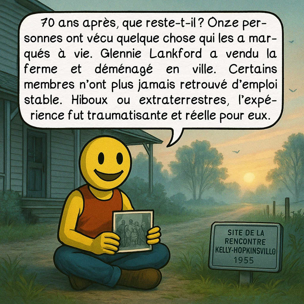 La rencontre de Kelly-Hopkinsville, case 10 : 70 ans après, que reste-t-il ? Onze personnes ont vécu quelque chose qui les a marqués à vie. Glennie Lankford a vendu la ferme et déménagé en ville. Certains membres n’ont plus jamais retrouvé d’emploi stable. Hiboux ou extraterrestres, l’expérience fut traumatisante et réelle pour eux.