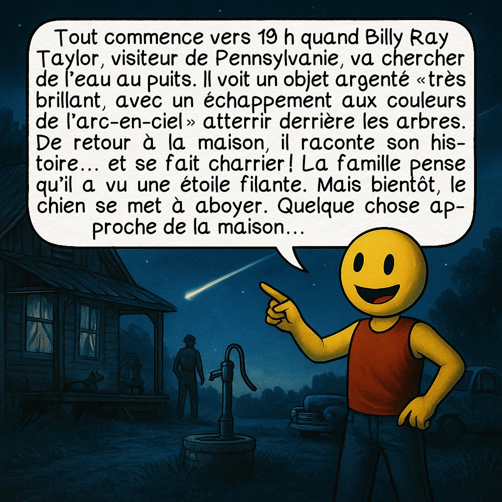 La rencontre de Kelly-Hopkinsville, case 2 : Tout commence vers 19 h quand Billy Ray Taylor, visiteur de Pennsylvanie, va chercher de l’eau au puits. Il voit un objet argenté « très brillant, avec un échappement aux couleurs de l’arc-en-ciel » atterrir derrière les arbres. De retour à la maison, il raconte son histoire… et se fait charrier ! La famille pense qu’il a vu une étoile filante. Mais bientôt, le chien se met à aboyer. Quelque chose approche de la maison…