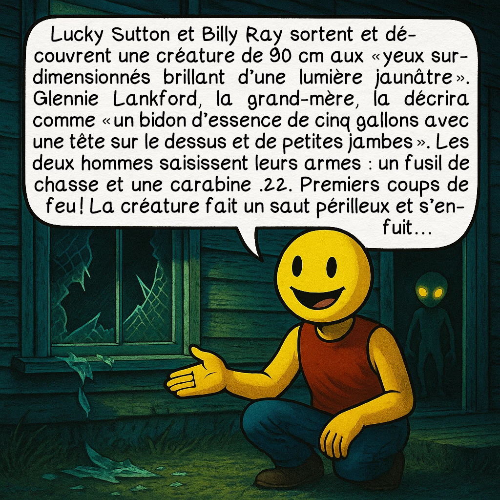 La rencontre de Kelly-Hopkinsville, case 3 : Lucky Sutton et Billy Ray sortent et découvrent une créature de 90 cm aux « yeux surdimensionnés brillant d’une lumière jaunâtre ». Glennie Lankford, la grand-mère, la décrira comme « un bidon d’essence de cinq gallons avec une tête sur le dessus et de petites jambes ». Les deux hommes saisissent leurs armes : un fusil de chasse et une carabine .22. Premiers coups de feu ! La créature fait un saut périlleux et s’enfuit…