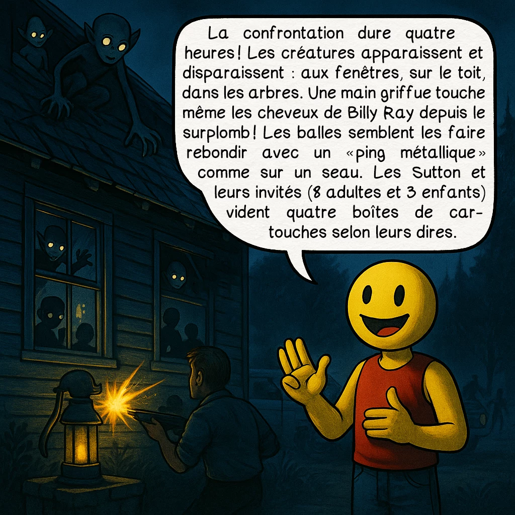 La rencontre de Kelly-Hopkinsville, case 4 : La confrontation dure quatre heures ! Les créatures apparaissent et disparaissent : aux fenêtres, sur le toit, dans les arbres. Une main griffue touche même les cheveux de Billy Ray depuis le surplomb ! Les balles semblent les faire rebondir avec un « ping métallique » comme sur un seau. Les Sutton et leurs invités (8 adultes et 3 enfants) vident quatre boîtes de cartouches selon leurs dires.