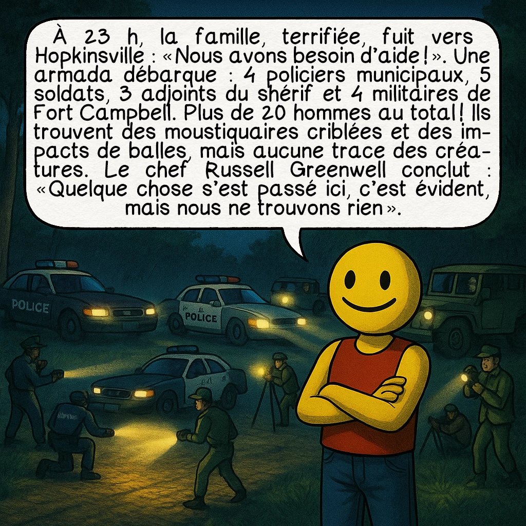 La rencontre de Kelly-Hopkinsville, case 5 : À 23 h, la famille, terrifiée, fuit vers Hopkinsville : « Nous avons besoin d’aide ! ». Une armada débarque : 4 policiers municipaux, 5 soldats, 3 adjoints du shérif et 4 militaires de Fort Campbell. Plus de 20 hommes au total ! Ils trouvent des moustiquaires criblées et des impacts de balles, mais aucune trace des créatures. Le chef Russell Greenwell conclut : « Quelque chose s’est passé ici, c’est évident, mais nous ne trouvons rien ».