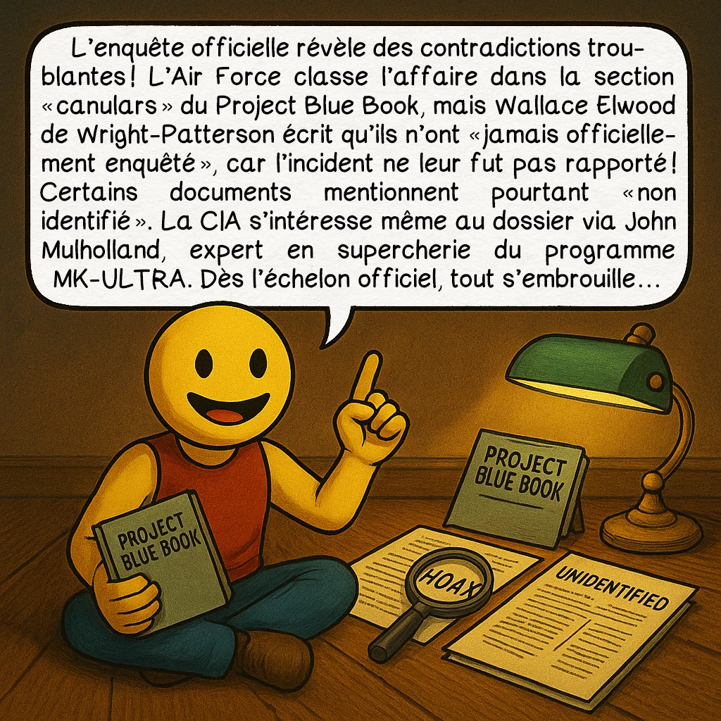 La rencontre de Kelly-Hopkinsville, case 6 : L’enquête officielle révèle des contradictions troublantes ! L’Air Force classe l’affaire dans la section « canulars » du Project Blue Book, mais Wallace Elwood de Wright-Patterson écrit qu’ils n’ont « jamais officiellement enquêté », car l’incident ne leur fut pas rapporté ! Certains documents mentionnent pourtant « non identifié ». La CIA s’intéresse même au dossier via John Mulholland, expert en supercherie du programme MK-ULTRA. Dès l’échelon officiel, tout s’embrouille…