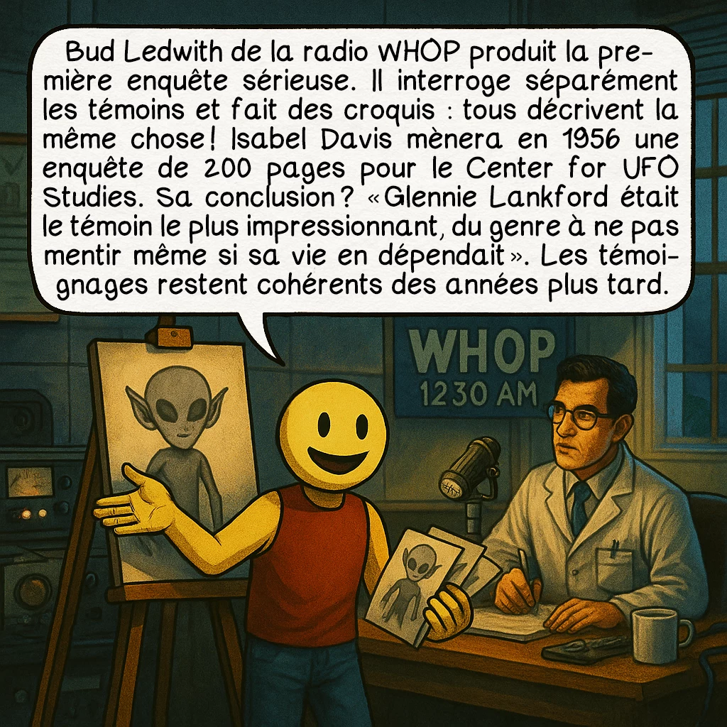 La rencontre de Kelly-Hopkinsville, case 7 : Bud Ledwith de la radio WHOP produit la première enquête sérieuse. Il interroge séparément les témoins et fait des croquis : tous décrivent la même chose ! Isabel Davis mènera en 1956 une enquête de 200 pages pour le Center for UFO Studies. Sa conclusion ? « Glennie Lankford était le témoin le plus impressionnant, du genre à ne pas mentir même si sa vie en dépendait ». Les témoignages restent cohérents des années plus tard.