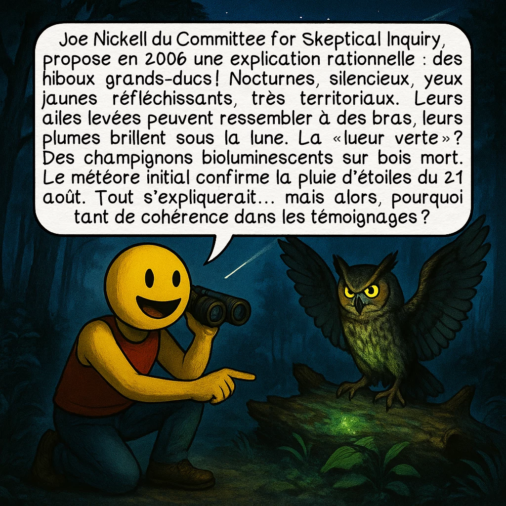 La rencontre de Kelly-Hopkinsville, case 8 : Joe Nickell du Committee for Skeptical Inquiry, propose en 2006 une explication rationnelle : des hiboux grands-ducs ! Nocturnes, silencieux, yeux jaunes réfléchissants, très territoriaux. Leurs ailes levées peuvent ressembler à des bras, leurs plumes brillent sous la lune. La « lueur verte » ? Des champignons bioluminescents sur bois mort. Le météore initial confirme la pluie d’étoiles du 21 août. Tout s’expliquerait… mais alors, pourquoi tant de cohérence dans les témoignages ?