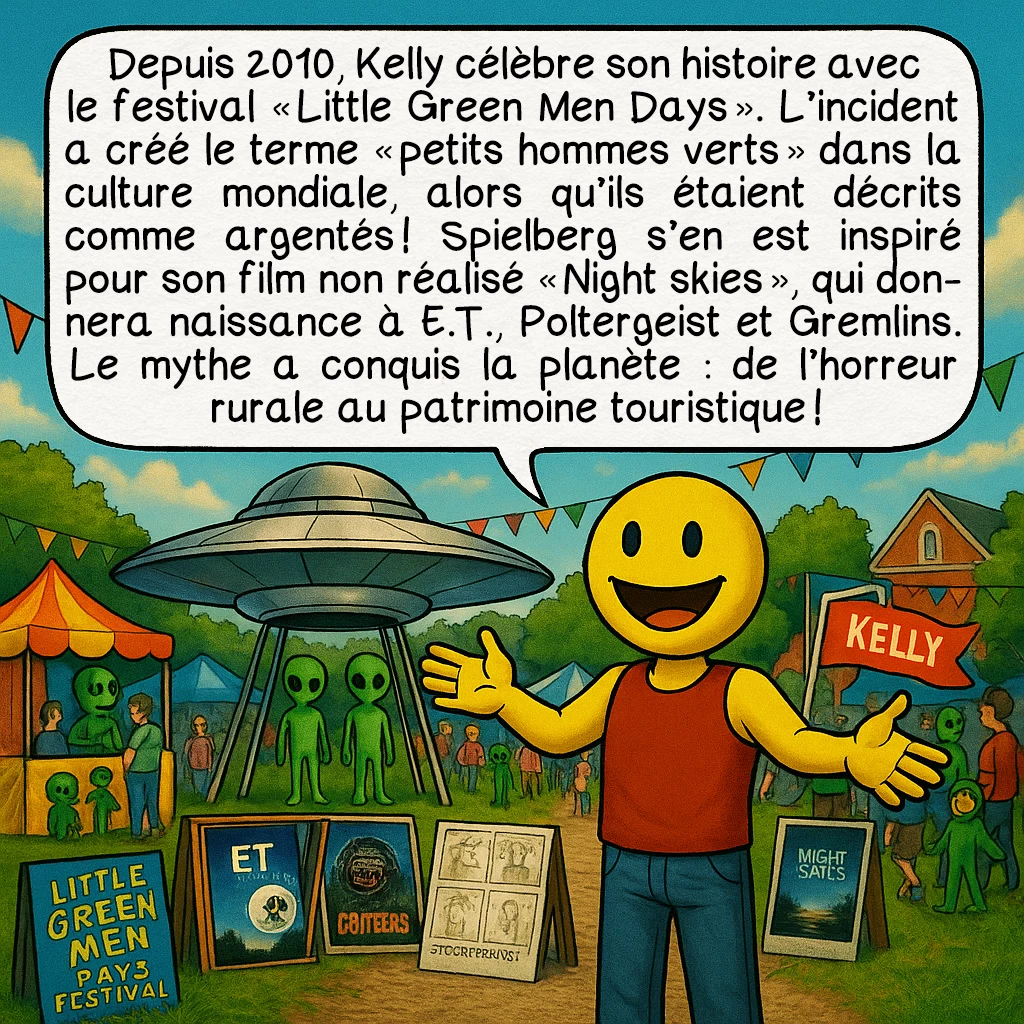 La rencontre de Kelly-Hopkinsville, case 9 : Depuis 2010, Kelly célèbre son histoire avec le festival « Little Green Men Days ». L’incident a créé le terme « petits hommes verts » dans la culture mondiale, alors qu’ils étaient décrits comme argentés ! Spielberg s’en est inspiré pour son film non réalisé « Night skies », qui donnera naissance à E.T., Poltergeist et Gremlins. Le mythe a conquis la planète : de l’horreur rurale au patrimoine touristique !