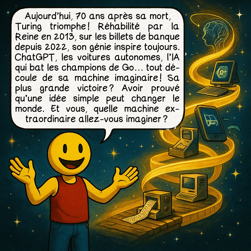 La machine de Turing, case 10 : Aujourd’hui, 70 ans après sa mort, Turing triomphe ! Réhabilité par la Reine en 2013, sur les billets de banque depuis 2022, son génie inspire toujours. ChatGPT, les voitures autonomes, l’IA qui bat les champions de Go… tout découle de sa machine imaginaire ! Sa plus grande victoire ? Avoir prouvé qu’une idée simple peut changer le monde. Et vous, quelle machine extraordinaire allez-vous imaginer ?