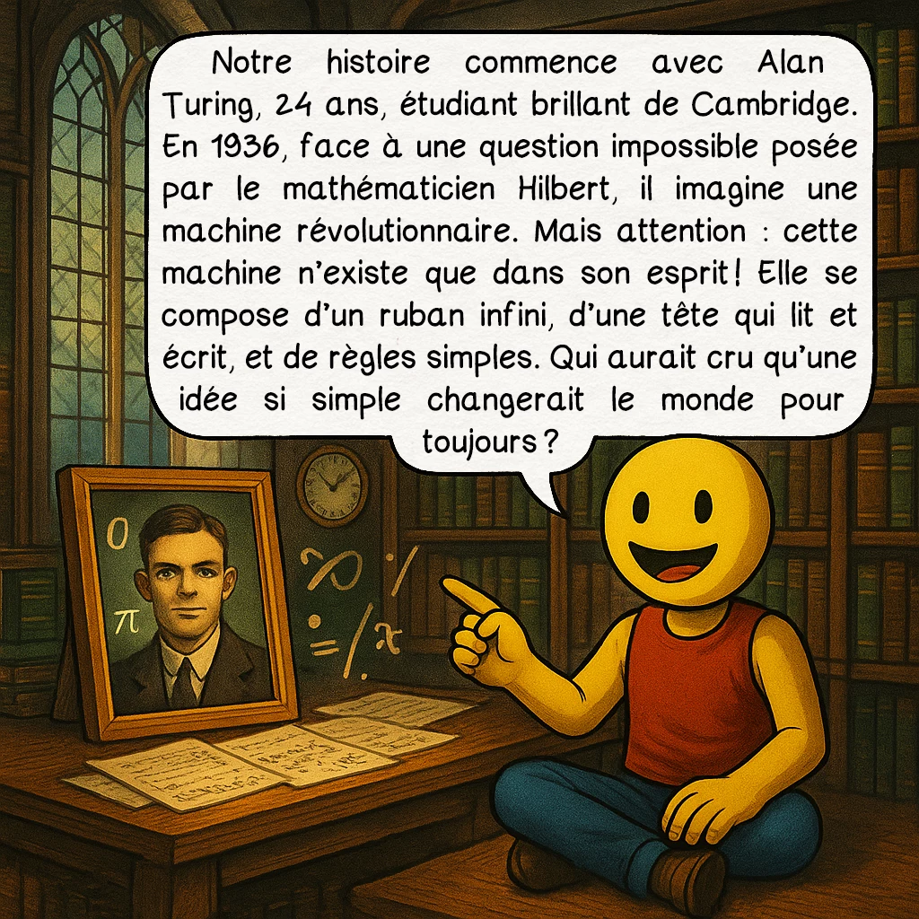 La machine de Turing, case 2 : Notre histoire commence avec Alan Turing, 24 ans, étudiant brillant de Cambridge. En 1936, face à une question impossible posée par le mathématicien Hilbert, il imagine une machine révolutionnaire. Mais attention : cette machine n’existe que dans son esprit ! Elle se compose d’un ruban infini, d’une tête qui lit et écrit, et de règles simples. Qui aurait cru qu’une idée si simple changerait le monde pour toujours ?