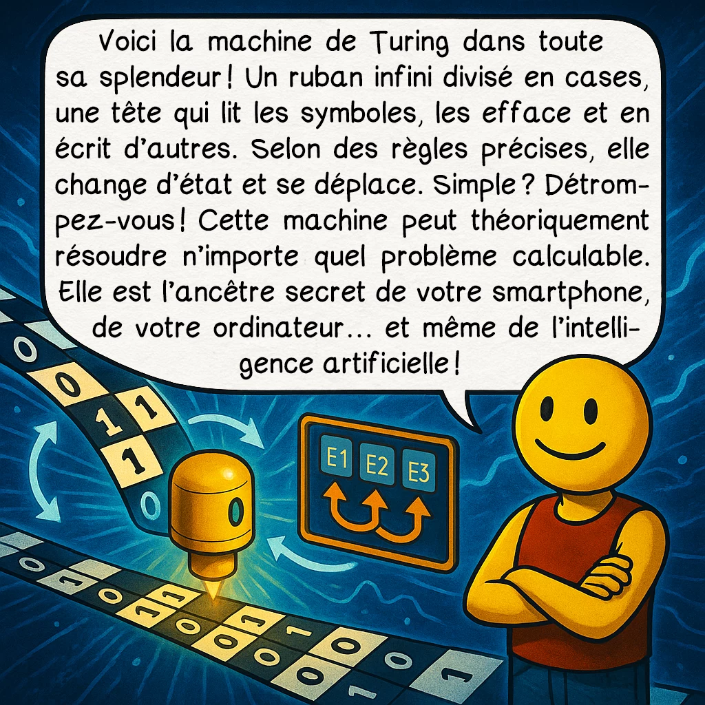 La machine de Turing, case 3 : Voici la machine de Turing dans toute sa splendeur ! Un ruban infini divisé en cases, une tête qui lit les symboles, les efface et en écrit d’autres. Selon des règles précises, elle change d’état et se déplace. Simple ? Détrompez-vous ! Cette machine peut théoriquement résoudre n’importe quel problème calculable. Elle est l’ancêtre secret de votre smartphone, de votre ordinateur… et même de l’intelligence artificielle !