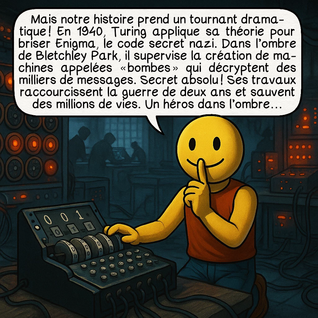 La machine de Turing, case 4 : Mais notre histoire prend un tournant dramatique ! En 1940, Turing applique sa théorie pour briser Enigma, le code secret nazi. Dans l’ombre de Bletchley Park, il supervise la création de machines appelées « bombes » qui décryptent des milliers de messages. Secret absolu ! Ses travaux raccourcissent la guerre de deux ans et sauvent des millions de vies. Un héros dans l’ombre…
