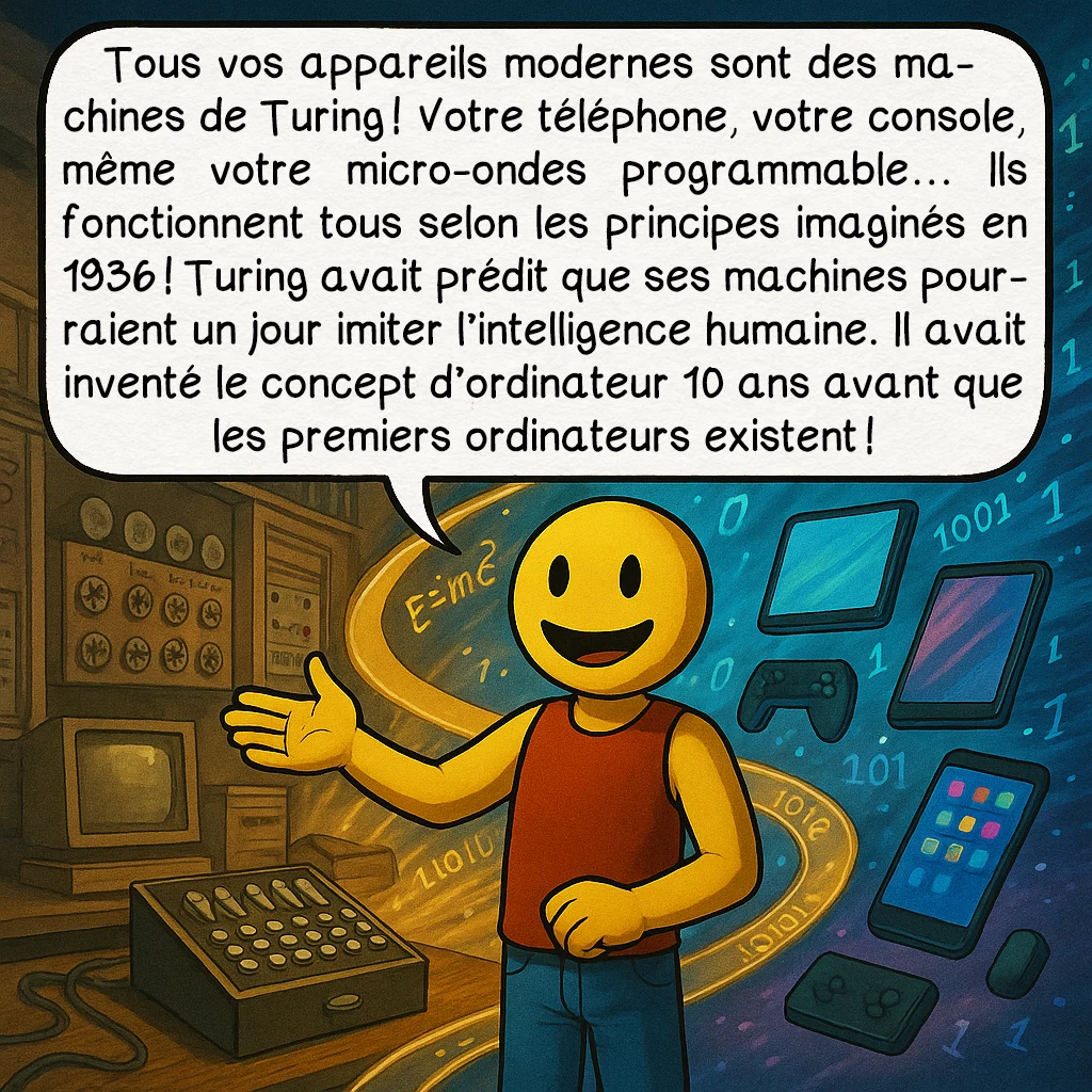 La machine de Turing, case 5 : Tous vos appareils modernes sont des machines de Turing ! Votre téléphone, votre console, même votre micro-ondes programmable… Ils fonctionnent tous selon les principes imaginés en 1936 ! Turing avait prédit que ses machines pourraient un jour imiter l’intelligence humaine. Il avait inventé le concept d’ordinateur 10 ans avant que les premiers ordinateurs existent !