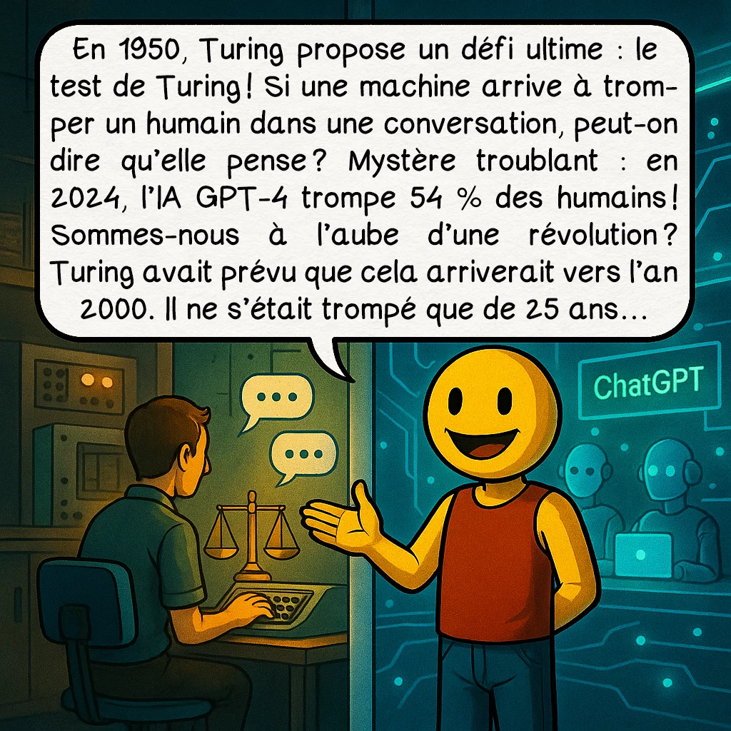 La machine de Turing, case 6 : En 1950, Turing propose un défi ultime : le test de Turing ! Si une machine arrive à tromper un humain dans une conversation, peut-on dire qu’elle pense ? Mystère troublant : en 2024, l’IA GPT-4 trompe 54 % des humains ! Sommes-nous à l’aube d’une révolution ? Turing avait prévu que cela arriverait vers l’an 2000. Il ne s’était trompé que de 25 ans…