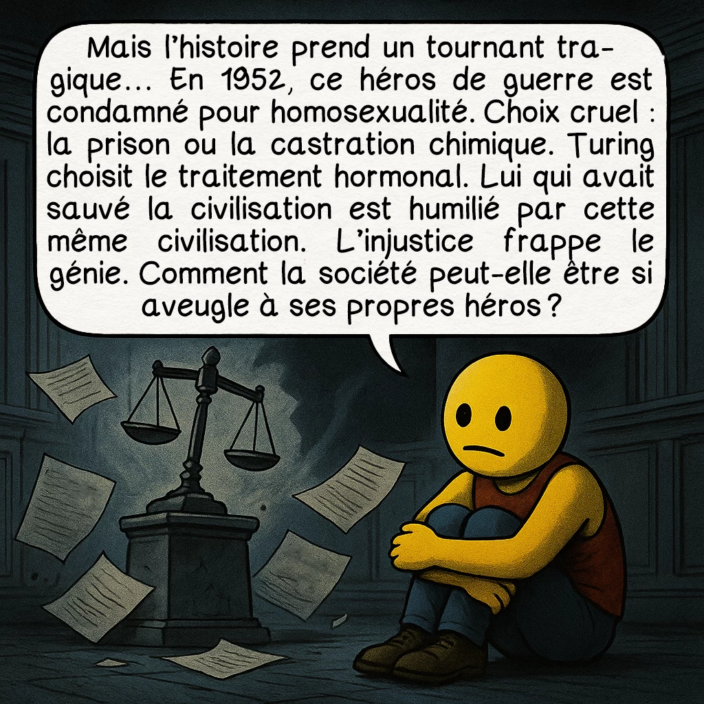 La machine de Turing, case 7 : Mais l’histoire prend un tournant tragique… En 1952, ce héros de guerre est condamné pour homosexualité. Choix cruel : la prison ou la castration chimique. Turing choisit le traitement hormonal. Lui qui avait sauvé la civilisation est humilié par cette même civilisation. L’injustice frappe le génie. Comment la société peut-elle être si aveugle à ses propres héros ?