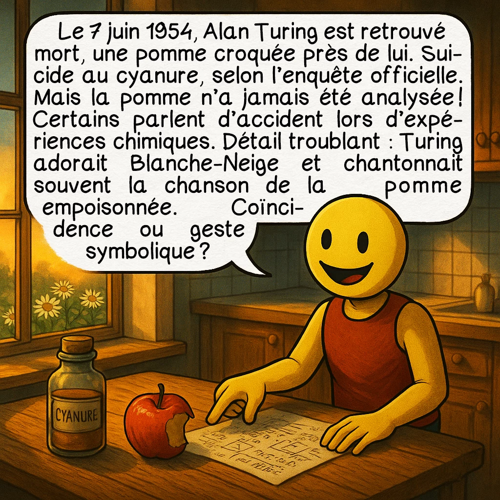 La machine de Turing, case 8 : Le 7 juin 1954, Alan Turing est retrouvé mort, une pomme croquée près de lui. Suicide au cyanure, selon l’enquête officielle. Mais la pomme n’a jamais été analysée ! Certains parlent d’accident lors d’expériences chimiques. Détail troublant : Turing adorait Blanche-Neige et chantonnait souvent la chanson de la pomme empoisonnée. Coïncidence ou geste symbolique ?