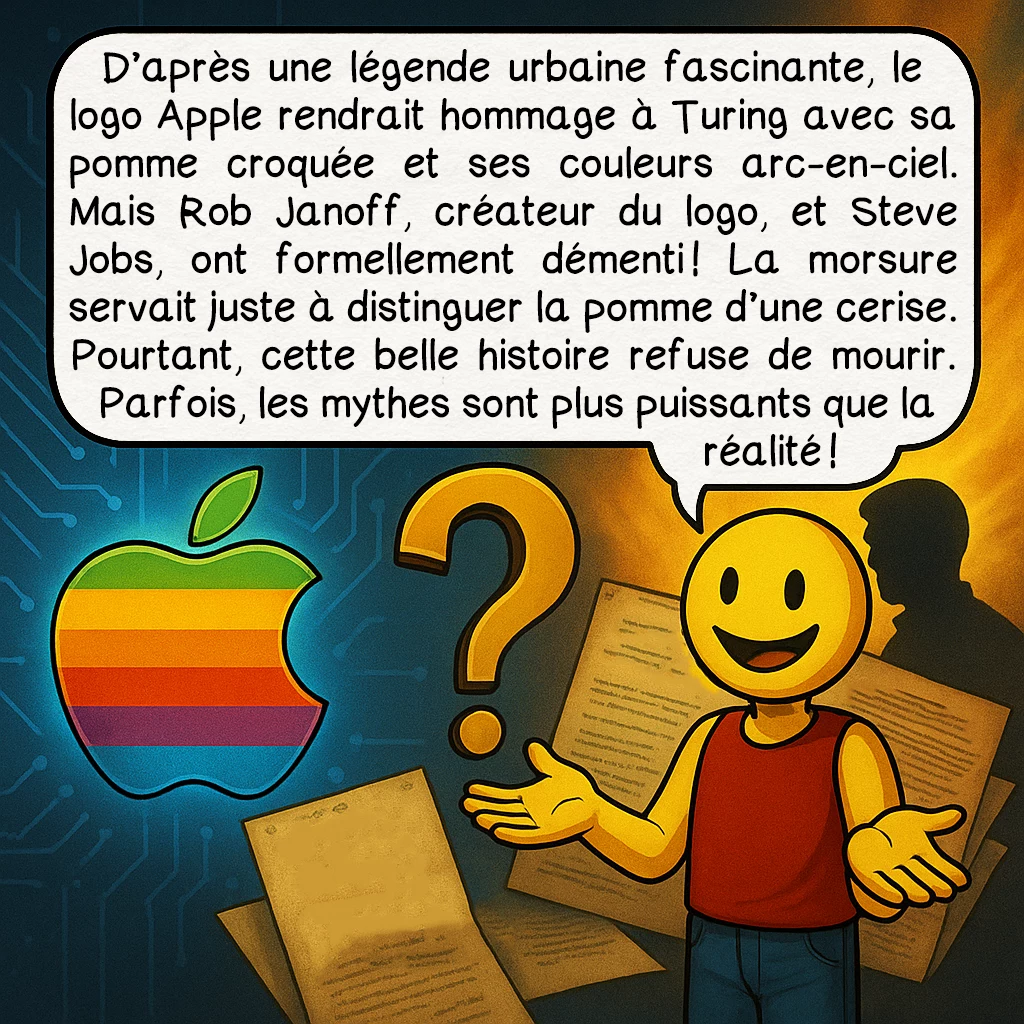 La machine de Turing, case 9 : D’après une légende urbaine fascinante, le logo Apple rendrait hommage à Turing avec sa pomme croquée et ses couleurs arc-en-ciel. Mais Rob Janoff, créateur du logo, et Steve Jobs, ont formellement démenti ! La morsure servait juste à distinguer la pomme d’une cerise. Pourtant, cette belle histoire refuse de mourir. Parfois, les mythes sont plus puissants que la réalité !
