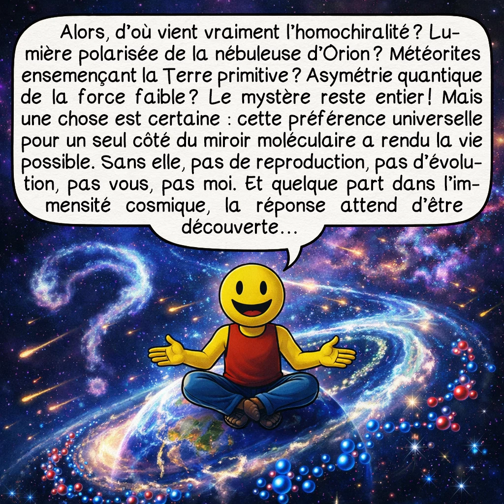 La chiralité, case 10 : Alors, d’où vient vraiment l’homochiralité ? Lumière polarisée de la nébuleuse d’Orion ? Météorites ensemençant la Terre primitive ? Asymétrie quantique de la force faible ? Le mystère reste entier ! Mais une chose est certaine : cette préférence universelle pour un seul côté du miroir moléculaire a rendu la vie possible. Sans elle, pas de reproduction, pas d’évolution, pas vous, pas moi. Et quelque part dans l’immensité cosmique, la réponse attend d’être découverte…