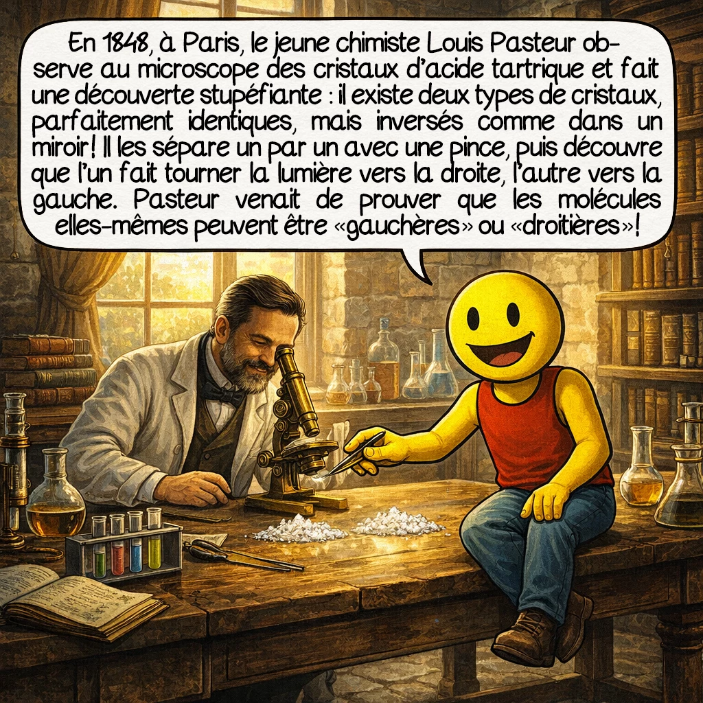 La chiralité, case 2 : En 1848, à Paris, le jeune chimiste Louis Pasteur observe au microscope des cristaux d’acide tartrique et fait une découverte stupéfiante : il existe deux types de cristaux, parfaitement identiques, mais inversés comme dans un miroir ! Il les sépare un par un avec une pince, puis découvre que l’un fait tourner la lumière vers la droite, l’autre vers la gauche. Pasteur venait de prouver que les molécules elles-mêmes peuvent être « gauchères » ou « droitières » !