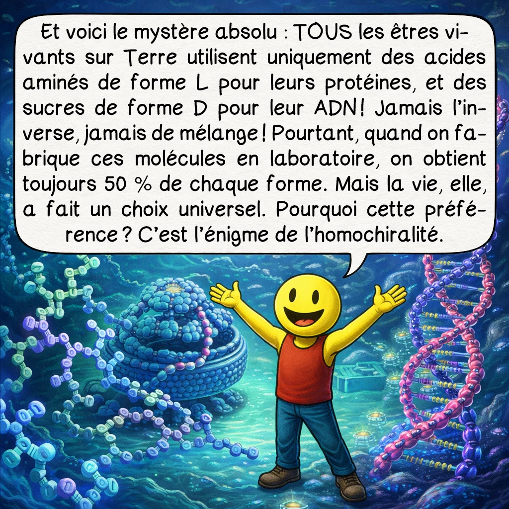 La chiralité, case 3 : Et voici le mystère absolu : TOUS les êtres vivants sur Terre utilisent uniquement des acides aminés de forme L pour leurs protéines, et des sucres de forme D pour leur ADN ! Jamais l’inverse, jamais de mélange ! Pourtant, quand on fabrique ces molécules en laboratoire, on obtient toujours 50 % de chaque forme. Mais la vie, elle, a fait un choix universel. Pourquoi cette préférence ? C’est l’énigme de l’homochiralité.